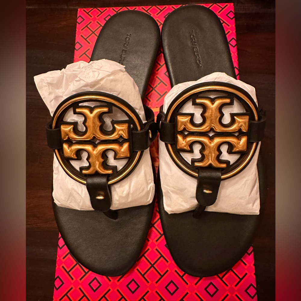 Brand new in box Tory Burch sandals. Metal Miller Leather in Perfect Black.